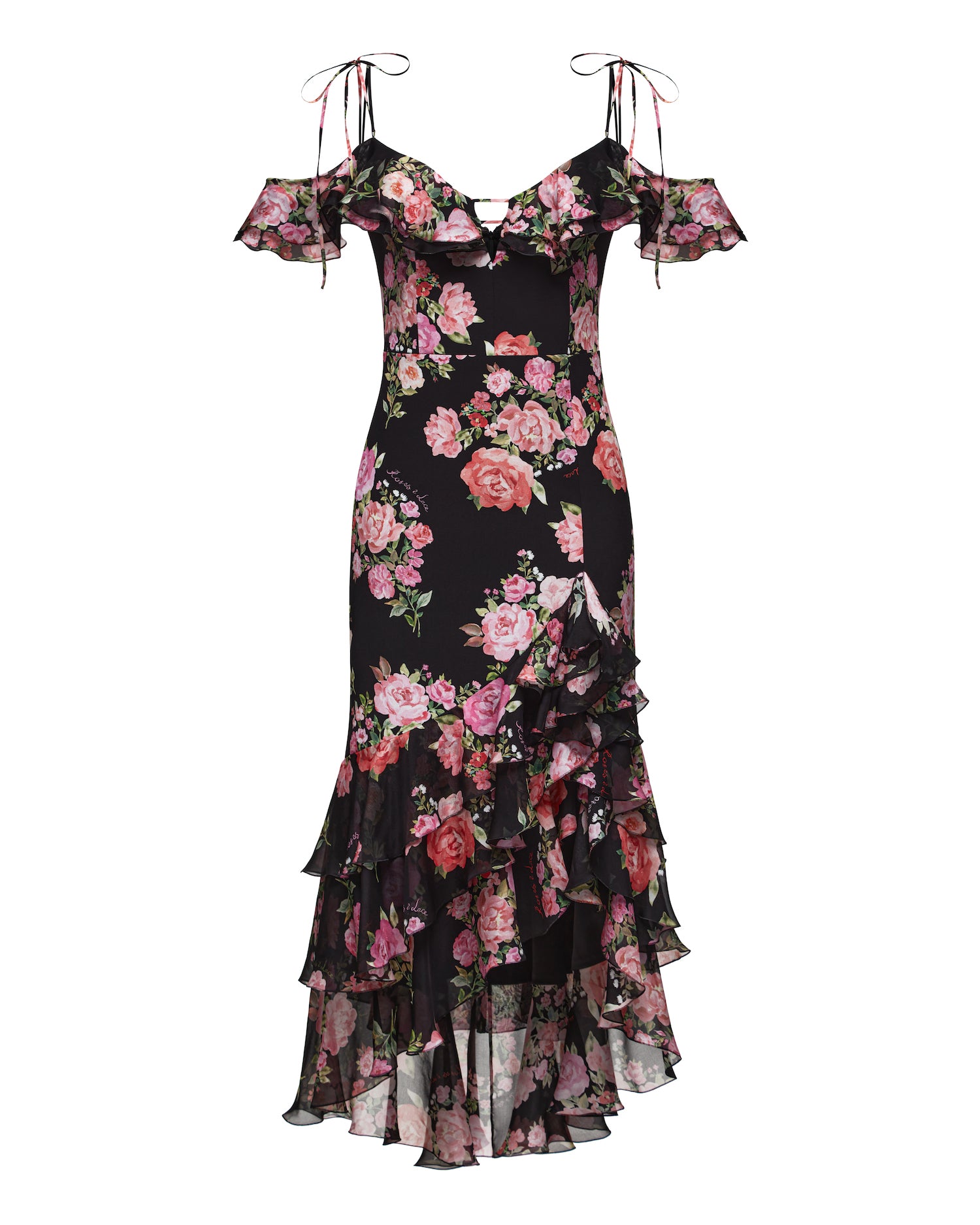 MONICA A BLACK MAXI DRESS WITH SHORT SLEEVES AND RUFFLES ADORNED WIT ROSES AND LACE