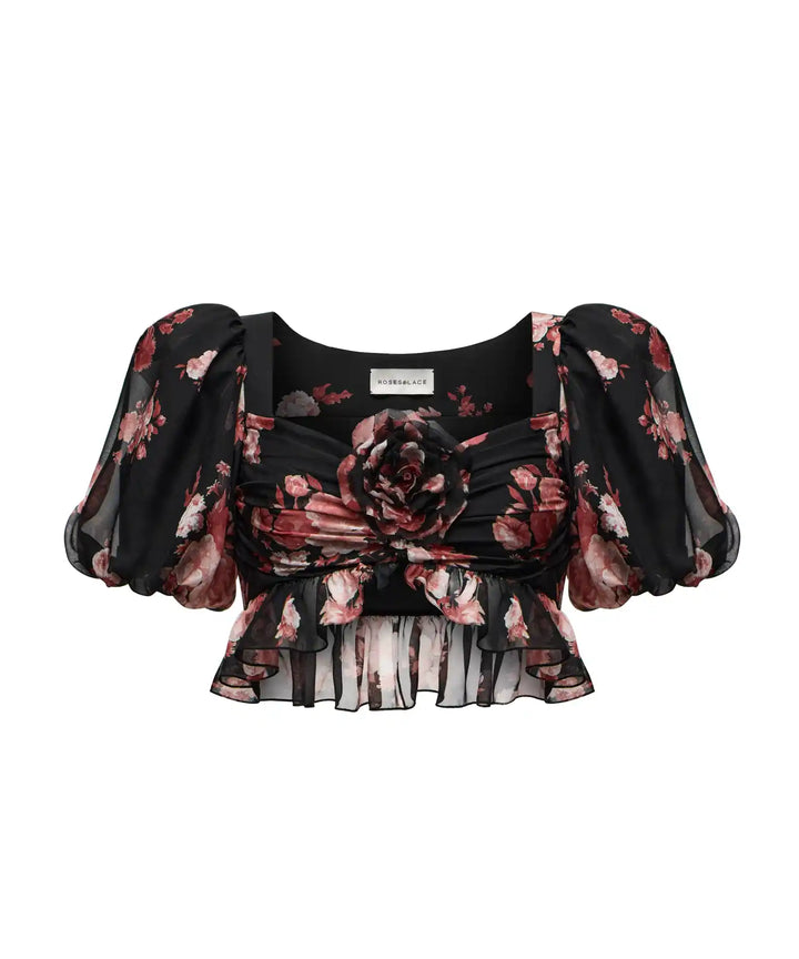 MELISA, BLACK CHIFFON CROP TOP WITH LARGE BURGUNDY FLOWERS