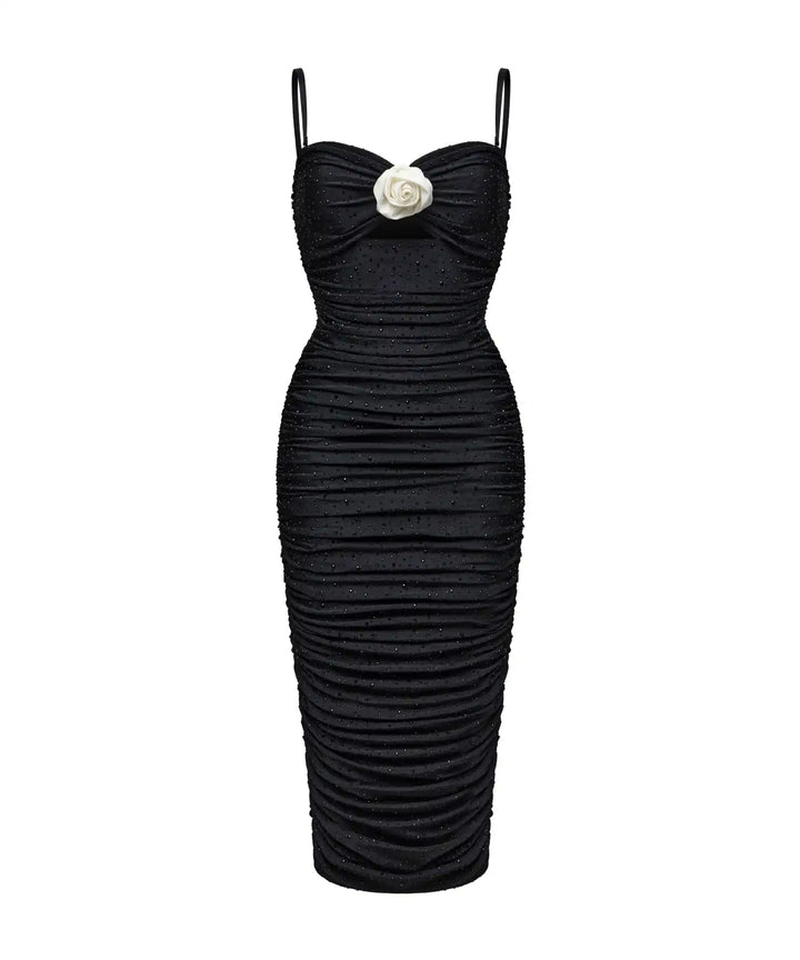 NICOLE, BLACK BIFLEX MIDI DRESS WITH RHINESTONES AND ROSE