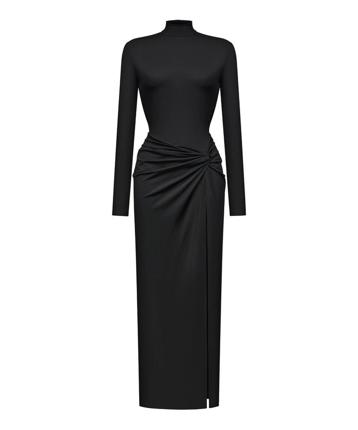 MADELINE, BLACK BIFLEX MIDI DRESS WITH SLIT