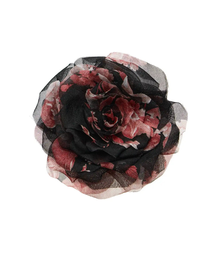 FLORA, BLACK CHIFFON FLOWER BROOCH WITH BURGUNDY FLOWERS