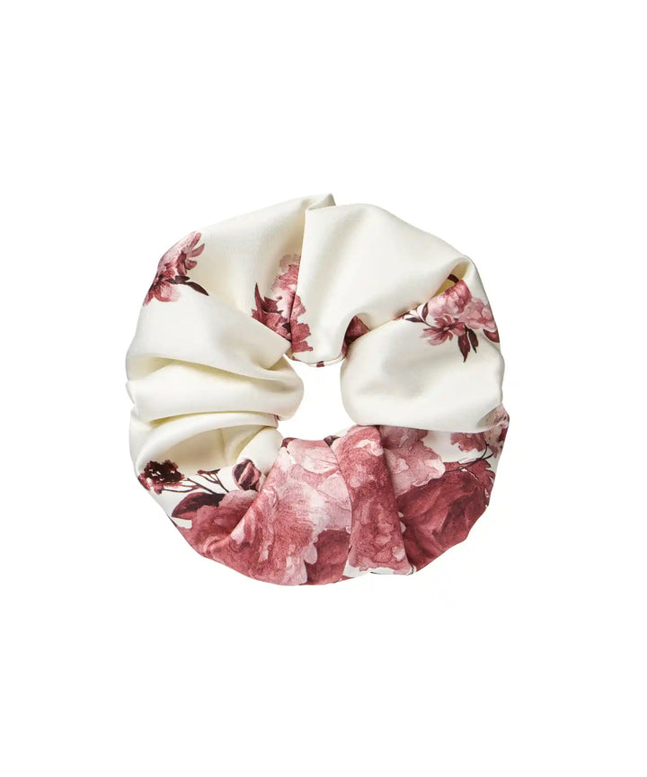 BRUNA, MILKY WHITE SATIN HAIR TIE WITH BURGUNDY FLOWERS