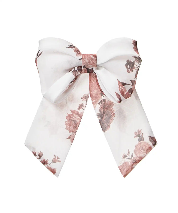 MIRELLA, MILKY WHITE CHIFFON BOW HAIR CLIP WITH BURGUNDY FLOWERS