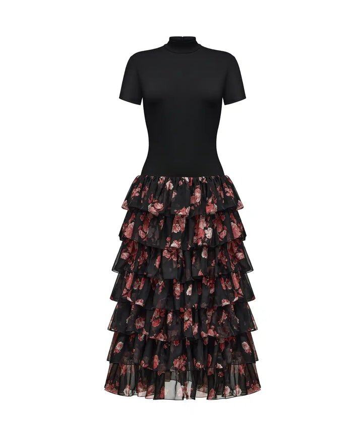 GRACE, MIDI DRESS WITH BLACK CHIFFON SKIRT WITH BIG BURGUNDY FLOWERS