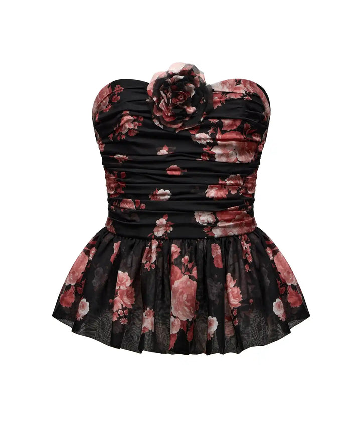 ROSALIE, BLACK CHIFFON CORSET TOP WITH LARGE BURGUNDY FLOWERS