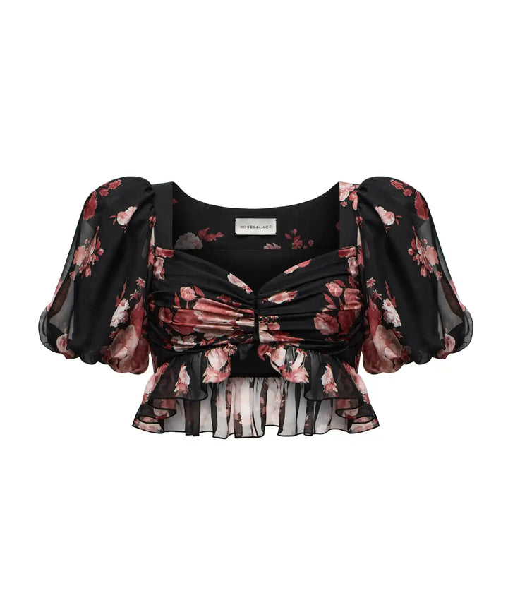 MELISA, BLACK CHIFFON CROP TOP WITH LARGE BURGUNDY FLOWERS