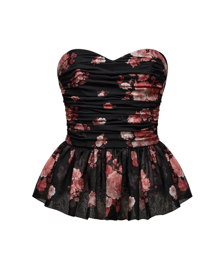 ROSALIE, BLACK CHIFFON CORSET TOP WITH LARGE BURGUNDY FLOWERS