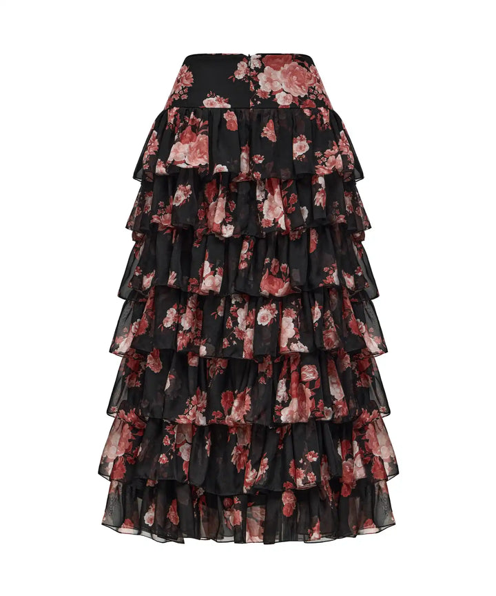 CARMELITA, BLACK CHIFFON MIDI SKIRT  WITH BURGUNDY FLOWERS