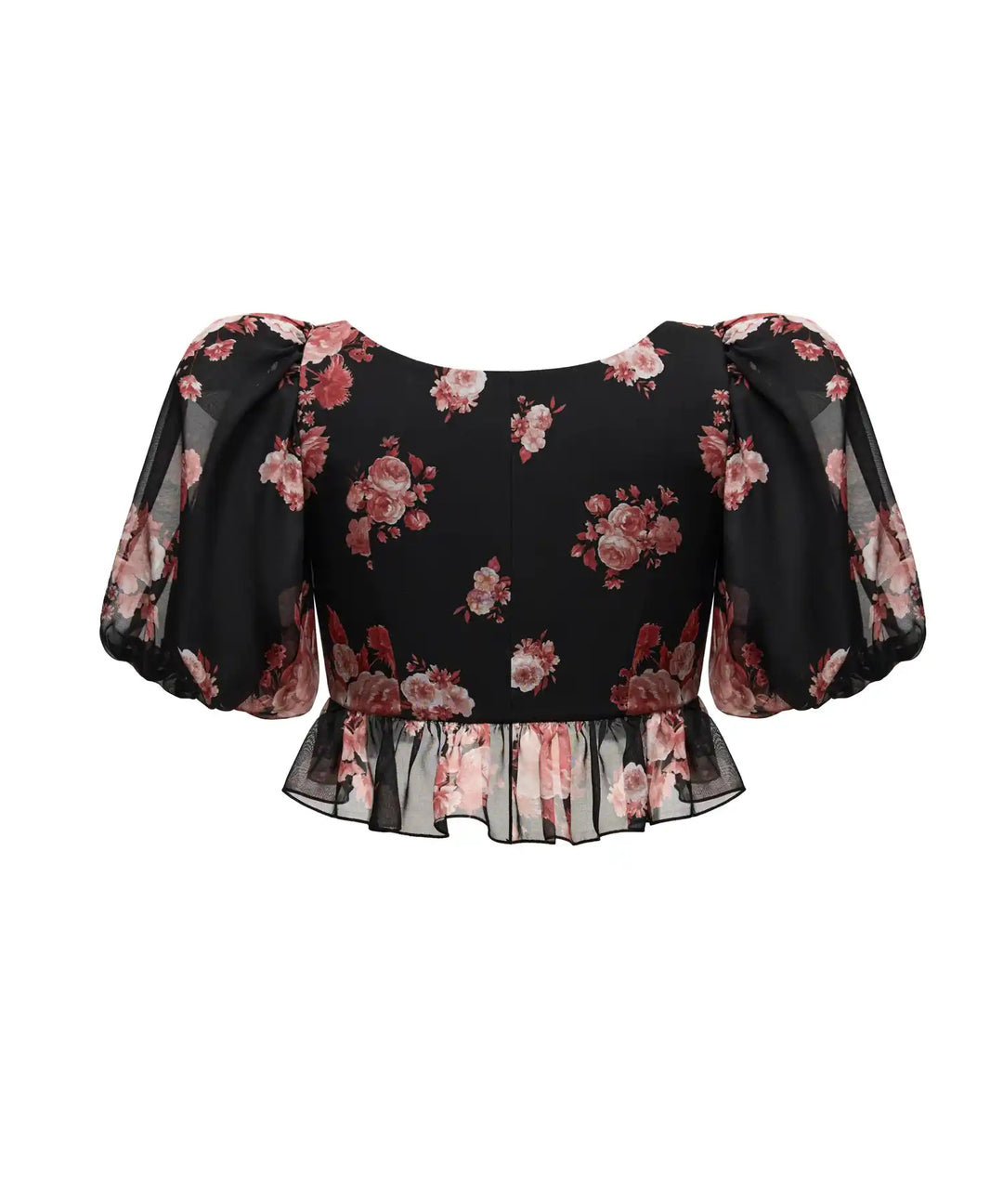 MELISA, BLACK CHIFFON CROP TOP WITH LARGE BURGUNDY FLOWERS