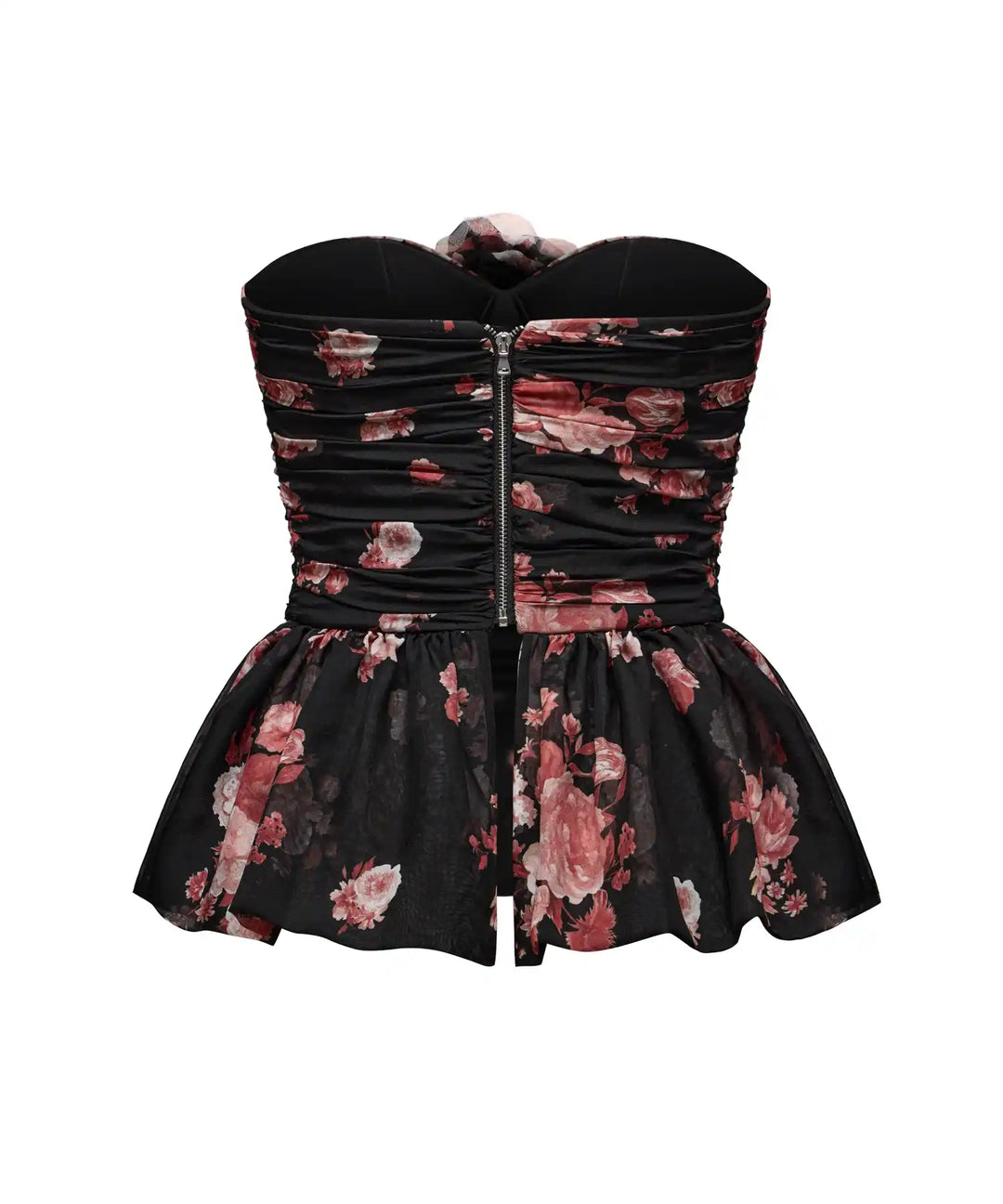 ROSALIE, BLACK CHIFFON CORSET TOP WITH LARGE BURGUNDY FLOWERS