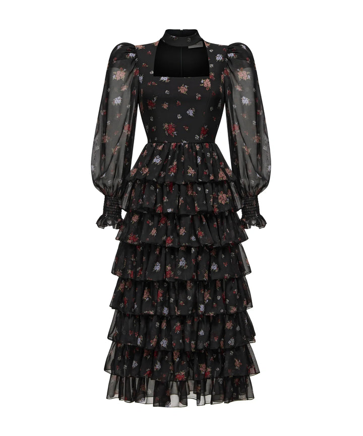 VALERIE MIDI, BLACK CHIFFON MIDI DRESS WITH SMALL MULTICOLOR FLOWERS