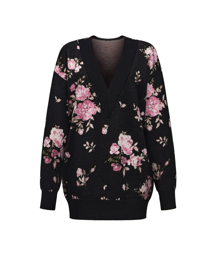 TOTTY, BLACK COTTON KNITTED SWEATER WITH PINK MEDIUM FLOWERS