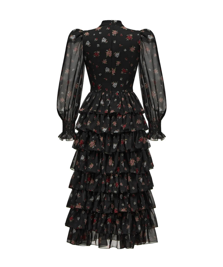 VALERIE MIDI, BLACK CHIFFON MIDI DRESS WITH SMALL MULTICOLOR FLOWERS