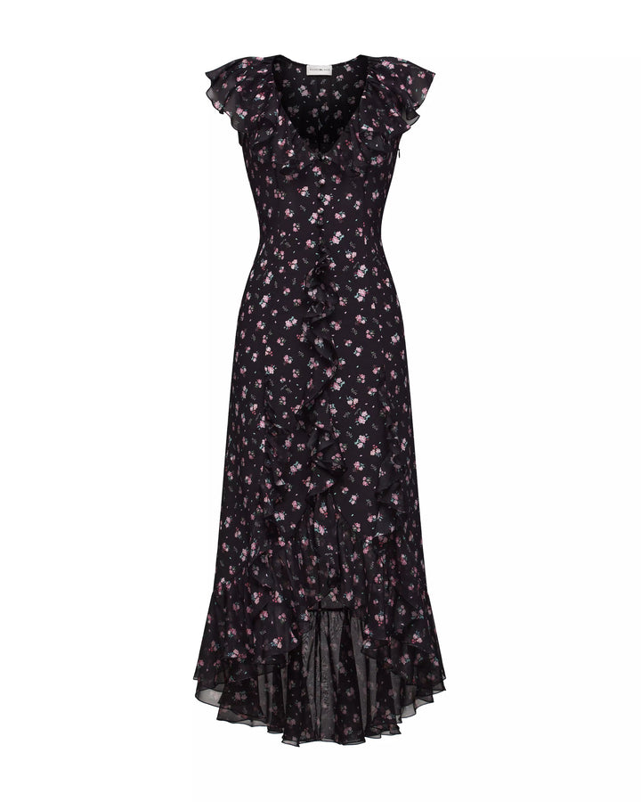 ANNETE, A SLEEVELESS MIDI DRESS WITH RUFFLES, IN BLACK ADORNED WITH DELICATE RASPBERRY FLOWERS