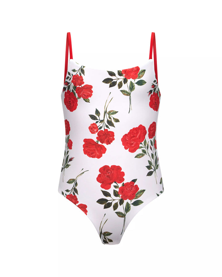 LETTA, REVERSIBLE ONE-PIECE CHILDREN'S SWIMSUIT, MILKY WHITE WITH MEDIUM RED FLOWERS / RED