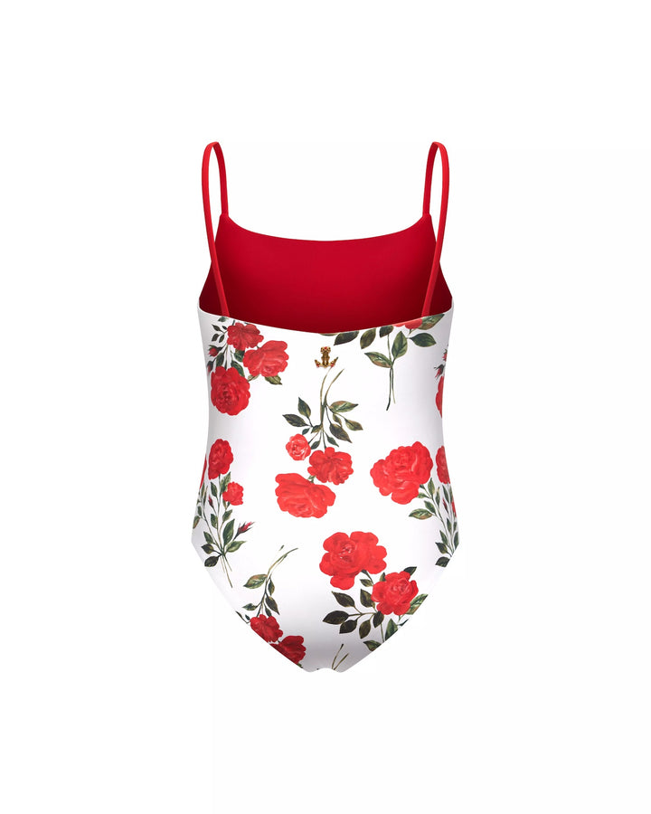 LETTA, REVERSIBLE ONE-PIECE CHILDREN'S SWIMSUIT, MILKY WHITE WITH MEDIUM RED FLOWERS / RED