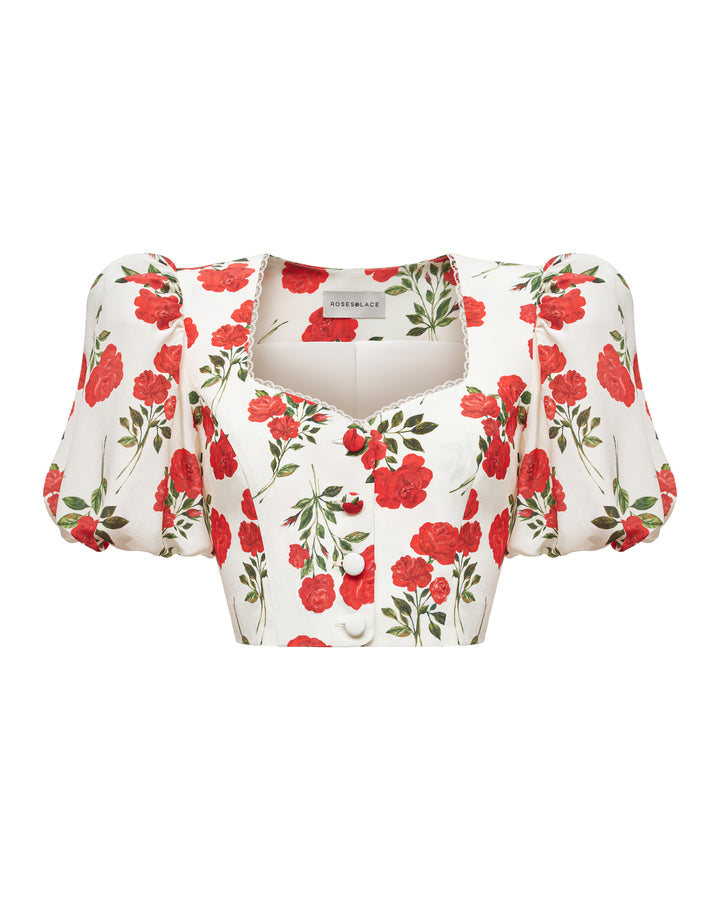 CHANELLE, CROPPED JACKET WITH PUFF SLEEVES, MILKY WHITE WITH MEDIUM RED FLOWERS