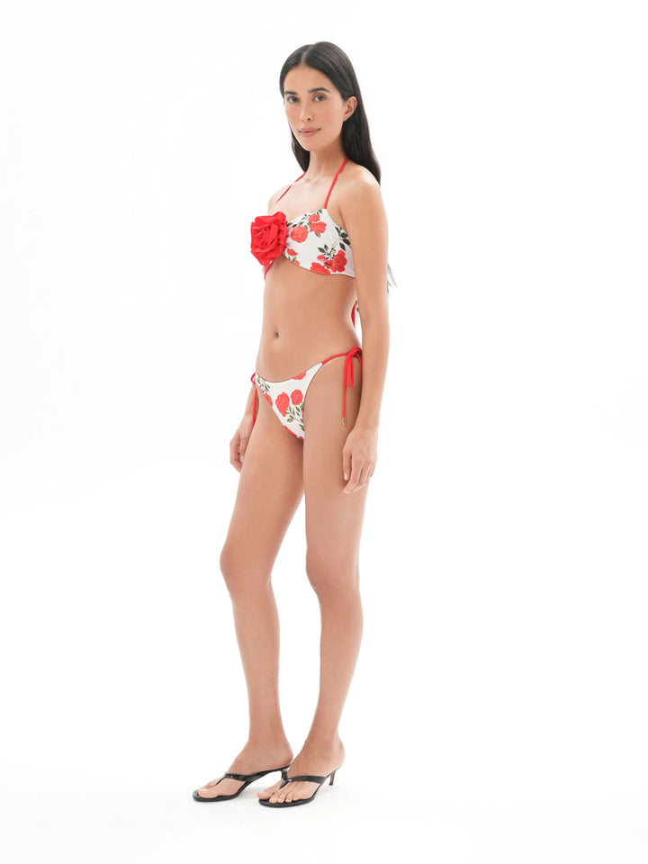 ROSEMARY, REVERSIBLE SWIMSUIT: BANDEAU TOP WITH A ROSE AND TIE-SIDE BIKINI BOTTOMS, MILKY WHITE WITH MEDIUM RED FLOWERS / RED