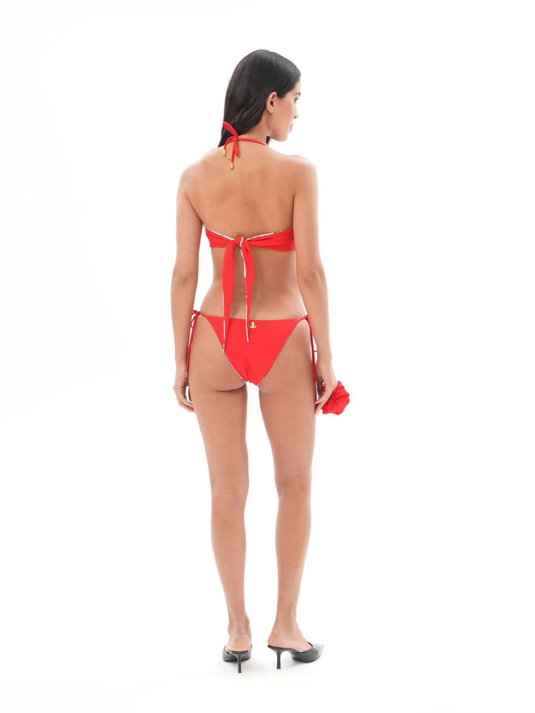 ROSEMARY, REVERSIBLE SWIMSUIT: BANDEAU TOP WITH A ROSE AND TIE-SIDE BIKINI BOTTOMS, MILKY WHITE WITH MEDIUM RED FLOWERS / RED