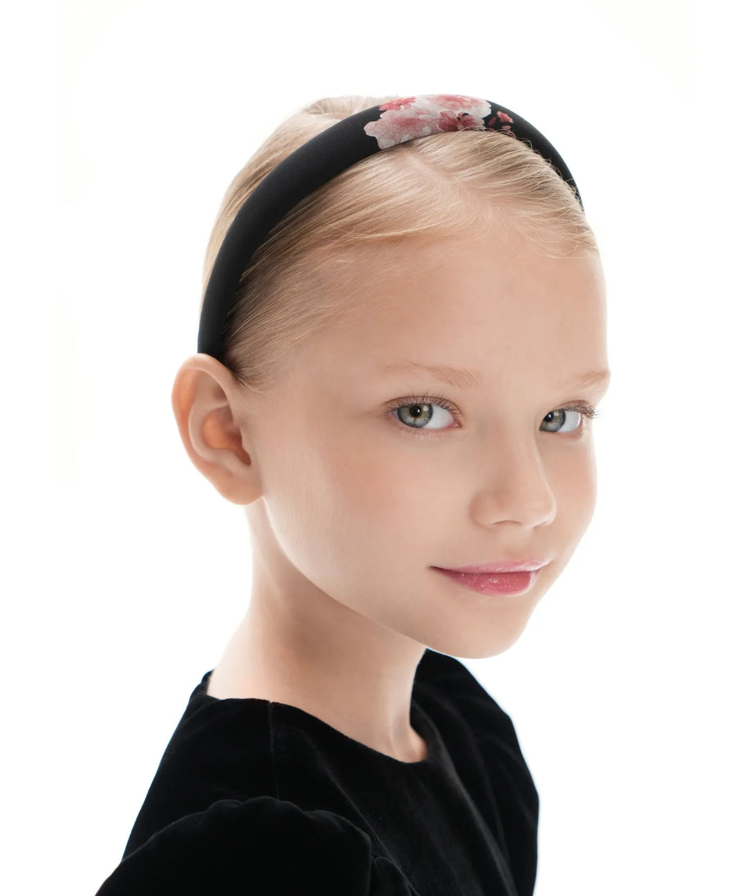 NOEMI, CHILDREN'S BLACK CHIFFON HEADBAND WITH BURGUNDY FLOWERS