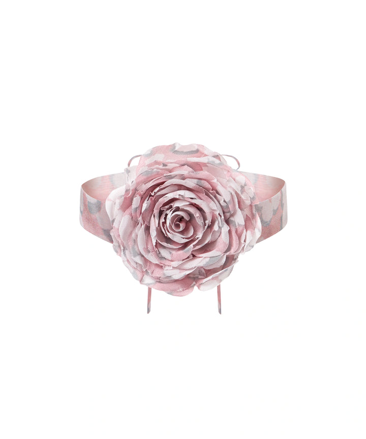 FLORIENA, CHOKER WITH A PINK CREPE DE CHINE ROSE WITH MEDIUM MILKY FLOWERS