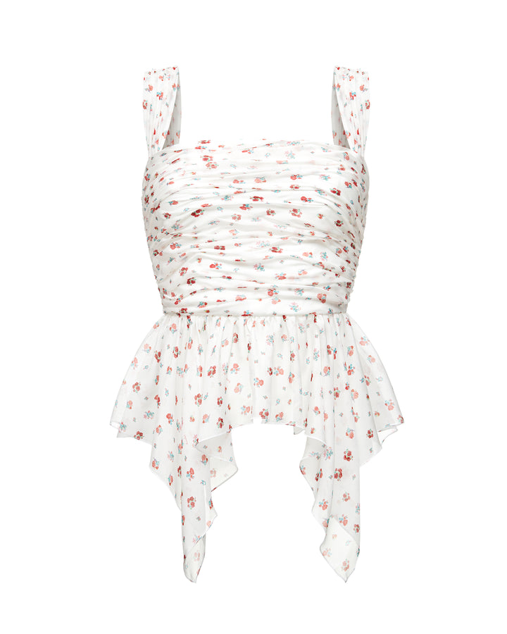 JEAN CORSET TOP WITH ASYMMETRICAL PEPLUM, MILKY WHITE WITH DELICATE RED BLOSSOMS