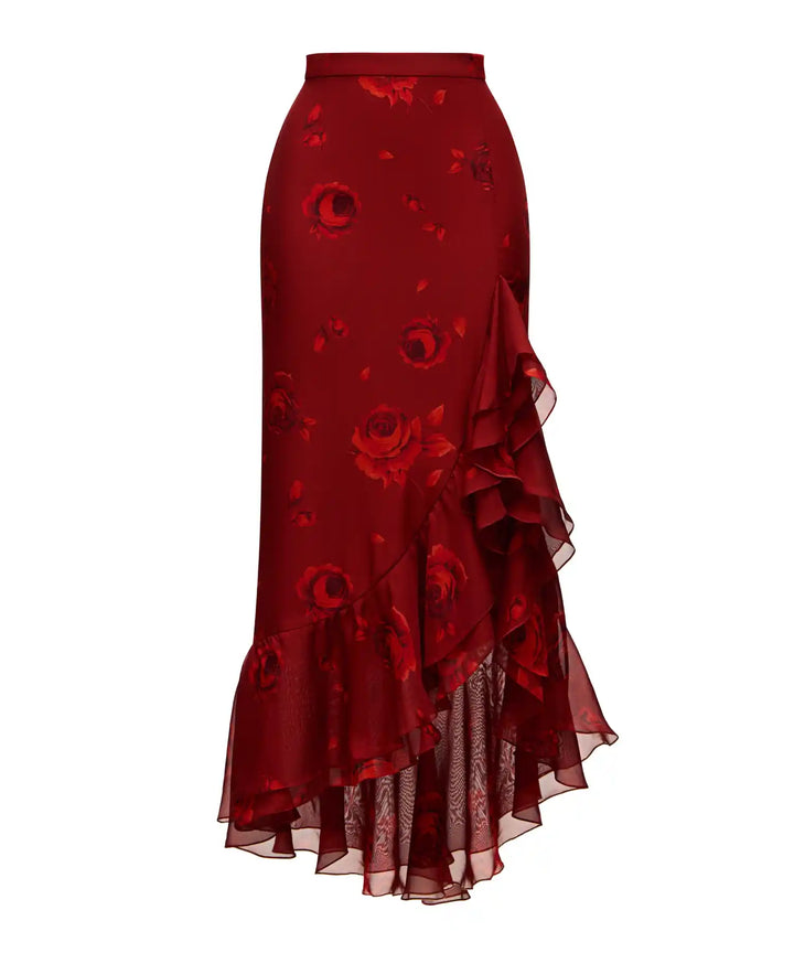 CARMEN, MIDI SKIRT MADE OF BURGUNDY CHIFFON WITH RED FLOWERS