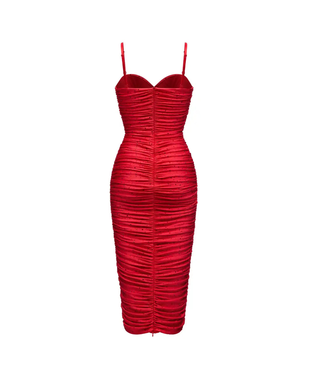 NICOLE, MIDI DRESS MADE OF RED BIFLEX WITH RHINESTONES AND A ROSE