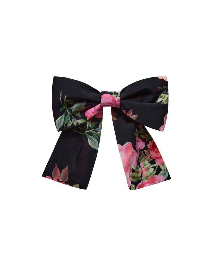 MIRELLA, BLACK BOW HAIR CLIP WITH MEDIUM PINK FLOWERS