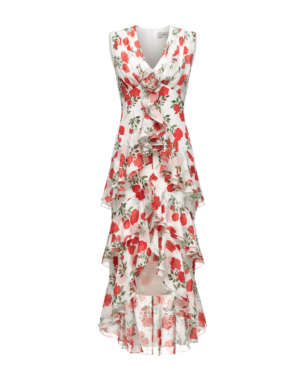 BEATA, A MIDI DRESS IN A CREAMY MILK   WITH DELICATE CRIMSON BLOSSOMS