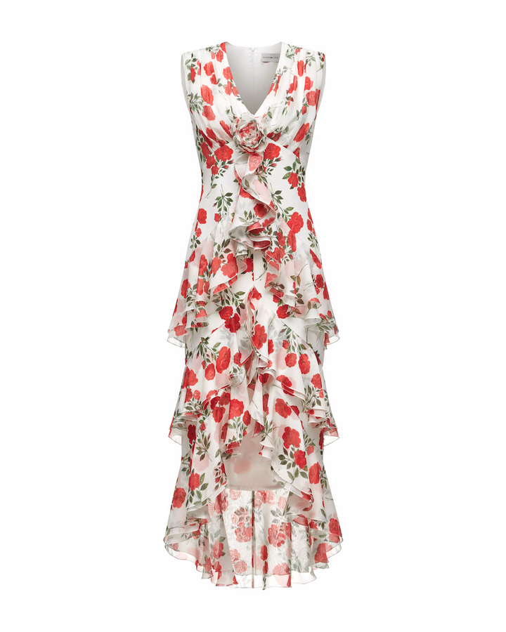 BEATA, A MIDI DRESS IN A CREAMY MILK   WITH DELICATE CRIMSON BLOSSOMS