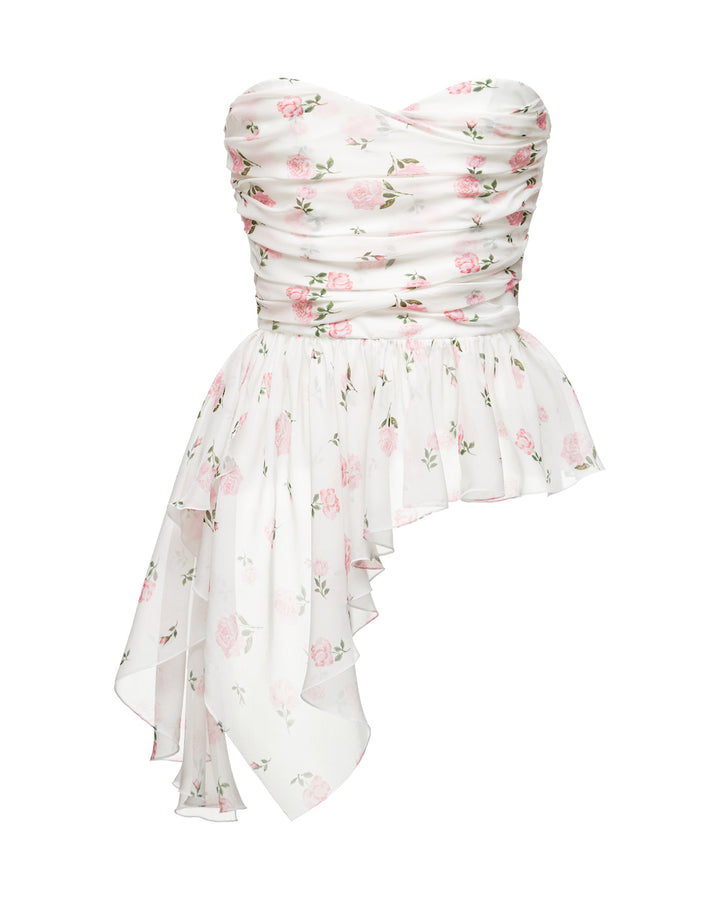 JOAN CORSET TOP WITH ASYMMETRICAL PEPLUM, MILKY WHITE ADORNED WITH MEDIUM PINK FLOWERS