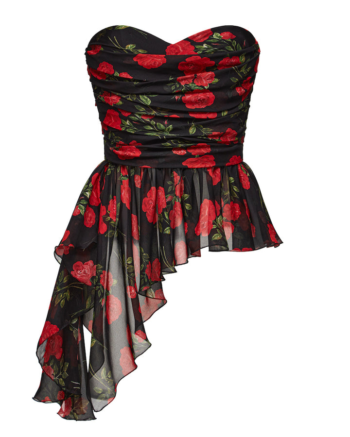 JOAN CORSET TOP WITH ASYMMETRICAL PEPLUM, BLACK ADORNED WITH MEDIUM RED FLOWERS