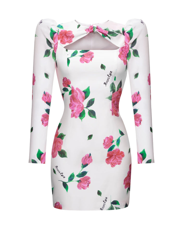 DIFINA, MINI DRESS MILKY WITH CRIMSON ROSE PRINT