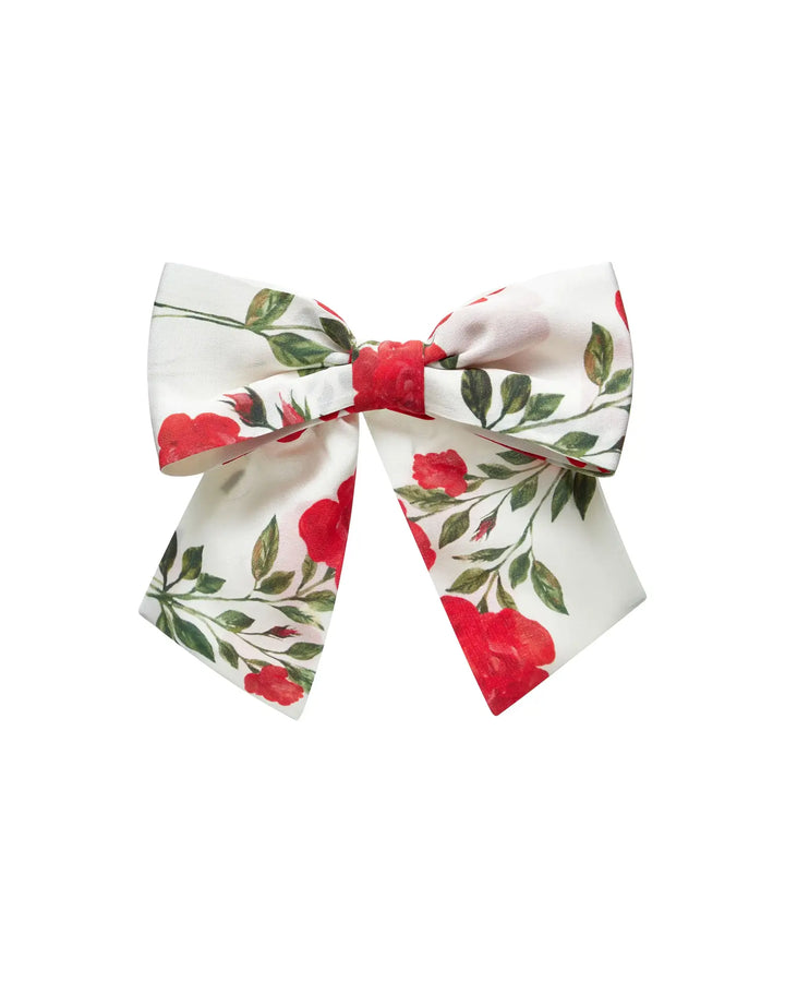 MIRELLA, MILKY WHITE BOW HAIR CLIP WITH MEDIUM RED FLOWERS