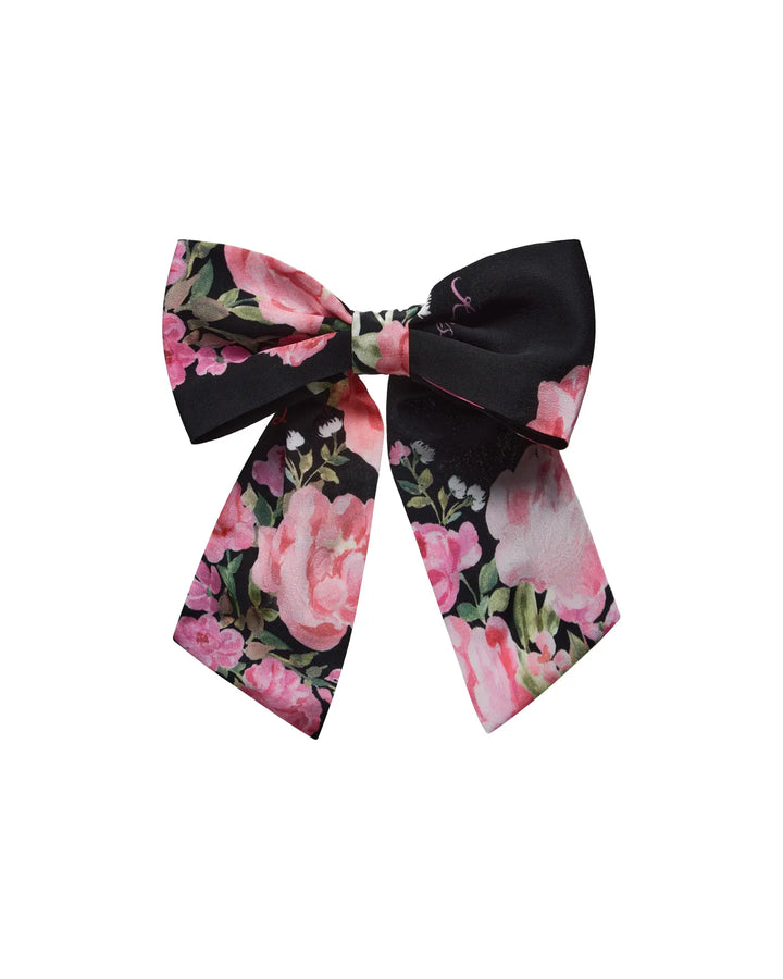 MIRELLA, BLACK BOW HAIR CLIP WITH MEDIUM PINK FLOWERS