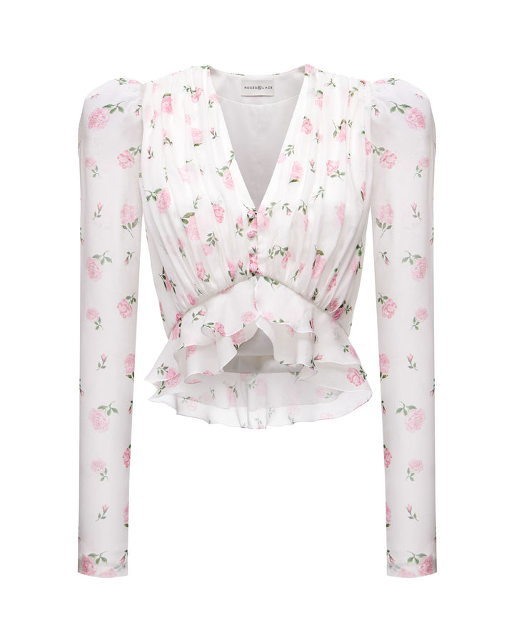 CAROLINA, BLOUSE MILKY WITH PINK ROSE PRINT