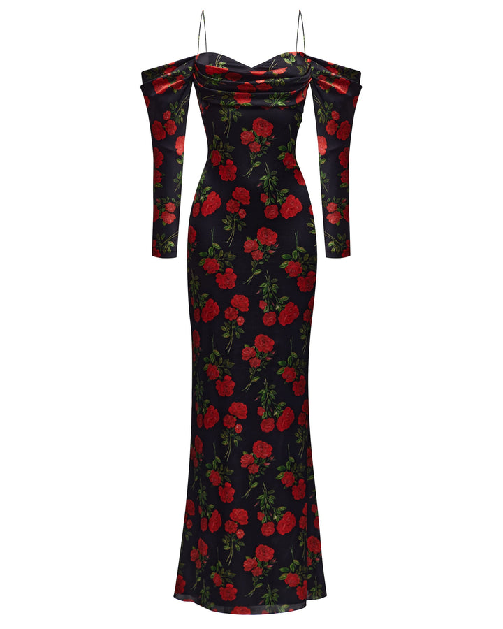 MARLEN, MAXI DRESS BLACK WITH RED ROSE PRINT