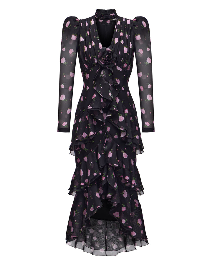 BEATRICE, MIDI DRESS BLACK WITH PINK ROSE PRINT