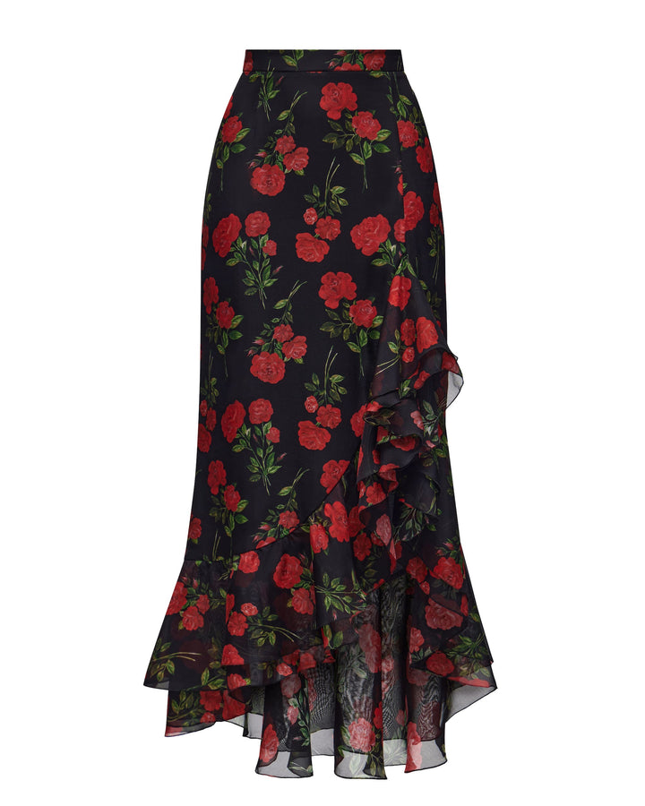 CARMEN, MIDI SKIRT BLACK WITH RED ROSE PRINT