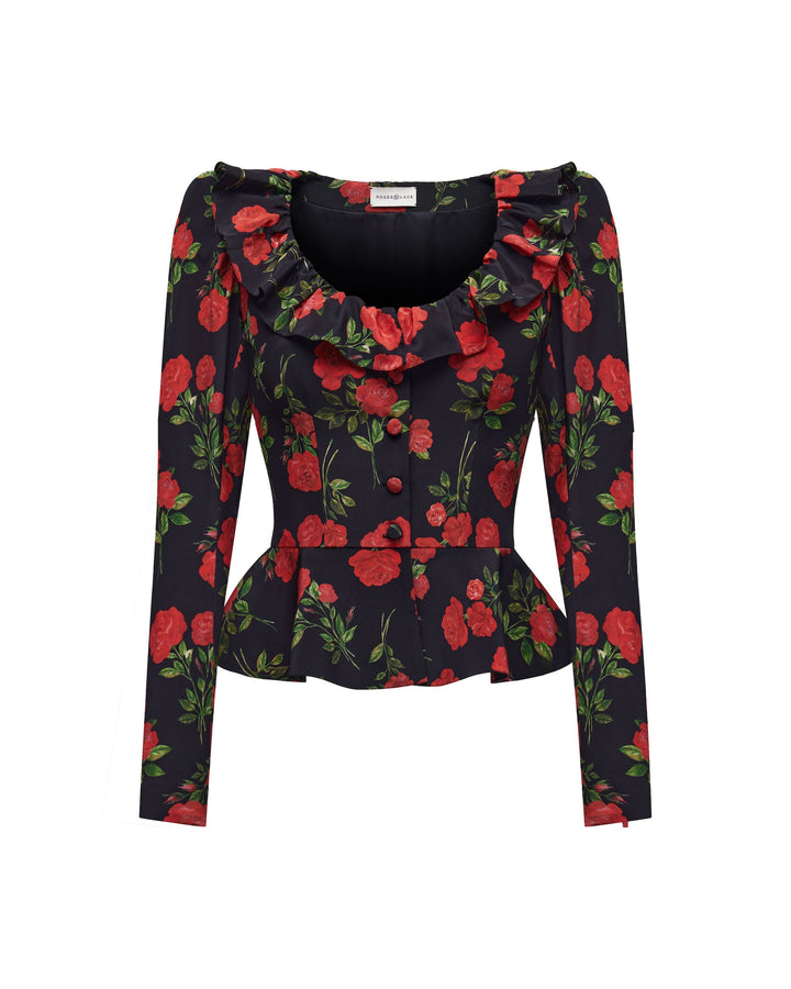 RI, BLOUSE JACKET BLACK WITH WITH RED ROSE PRINT