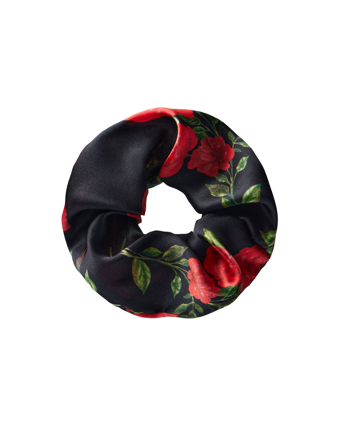 BRUNA, SCRUNCHIE IN BLACK SATIN WITH RED ROSE PRINT