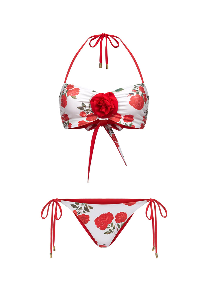 ROSEMARY, REVERSIBLE SWIMSUIT: BANDEAU TOP WITH A ROSE AND TIE-SIDE BIKINI BOTTOMS, MILKY WHITE WITH MEDIUM RED FLOWERS / RED