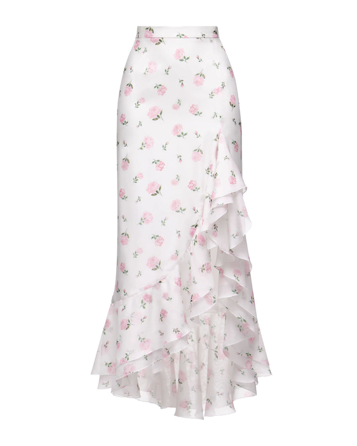 CARMEN, MIDI SKIRT MILKY WITH PINK ROSE PRINT