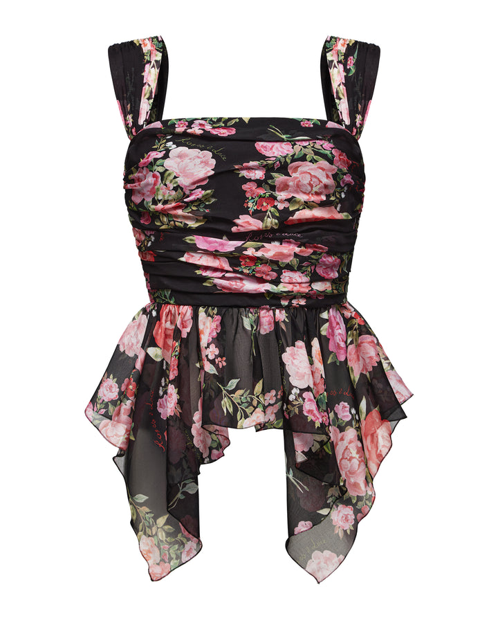 JEAN, A BLACK CORSET TOP WITH AN ASYMMETRICAL PEPLUM, ADORNED WITH MEDIUM-SIZED PINK FLOWERS