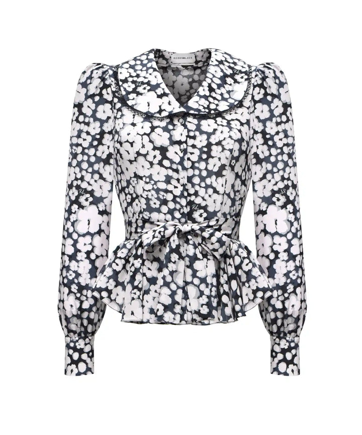 ROSETTA, BLACK CREPE DE CHINE BLOUSE WITH MEDIUM MILKY FLOWERS