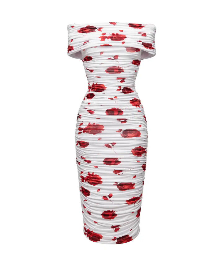 IREN, MIDI DRESS MADE OF IVORY BIFLEX WITH RED FLOWERS