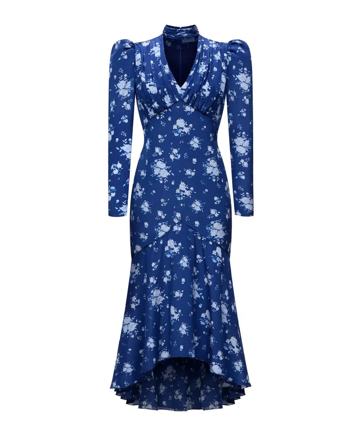 BEAH, BLUE CREPE DE CHINE MIDI DRESS WITH MEDIUM BLUE FLOWERS