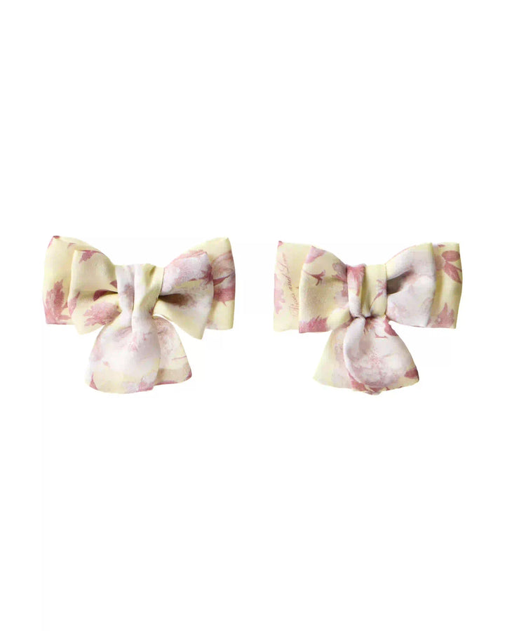 Mimi, children's hairclip bows made of yellow chiffon with medium light pink flowers