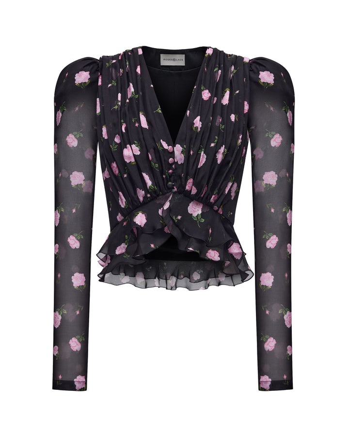 CAROLINA, BLOUSE BLACK WITH PINK ROSE PRINT